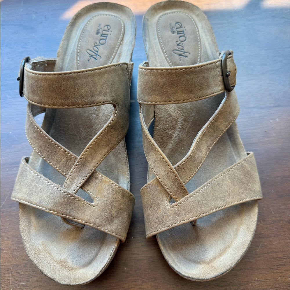 Tan EuroSoft Crisscross Strap Sandals with wedge heel